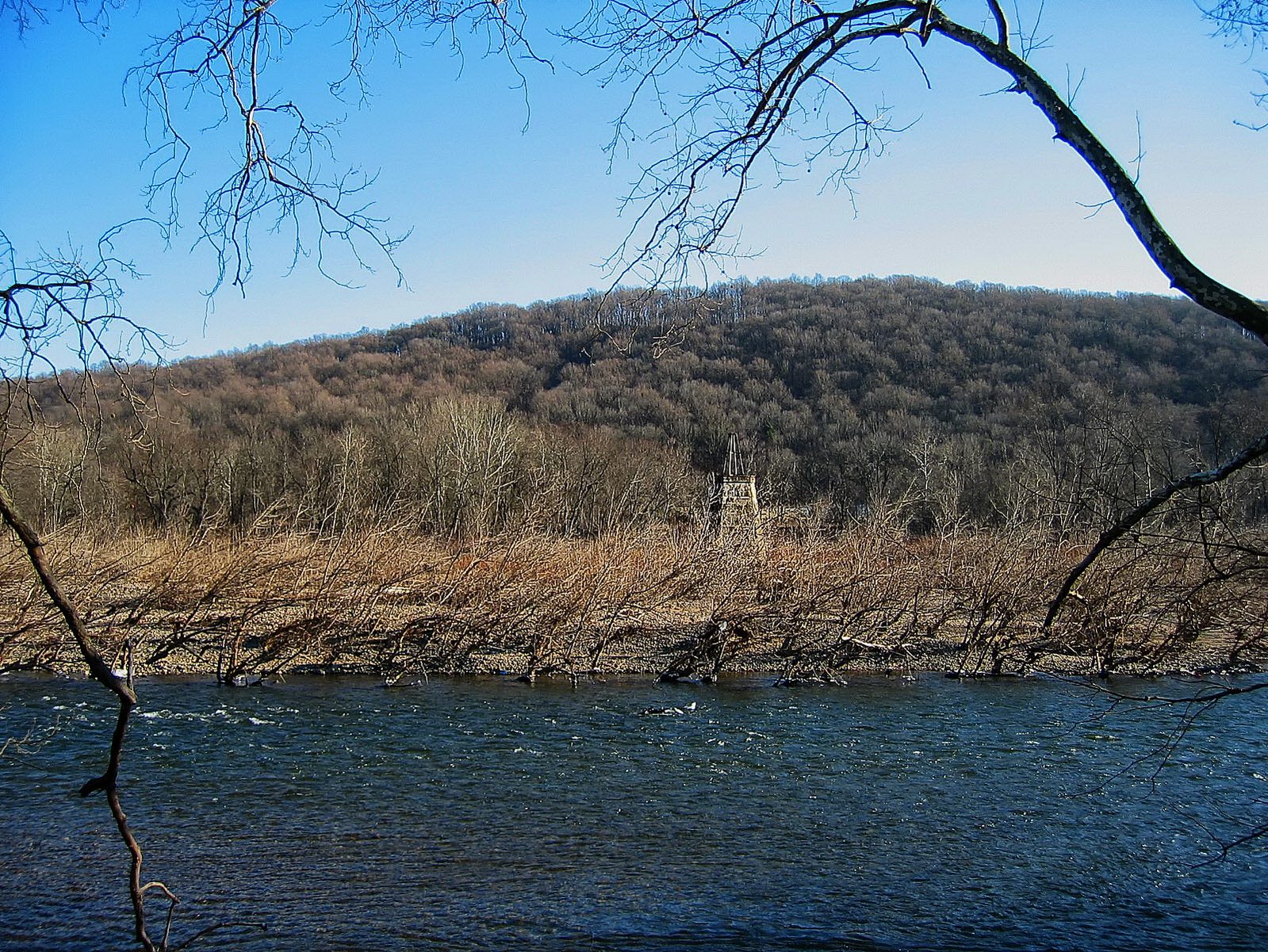 On this current swept island stands one structure defiant of the powerful Delaware River .
