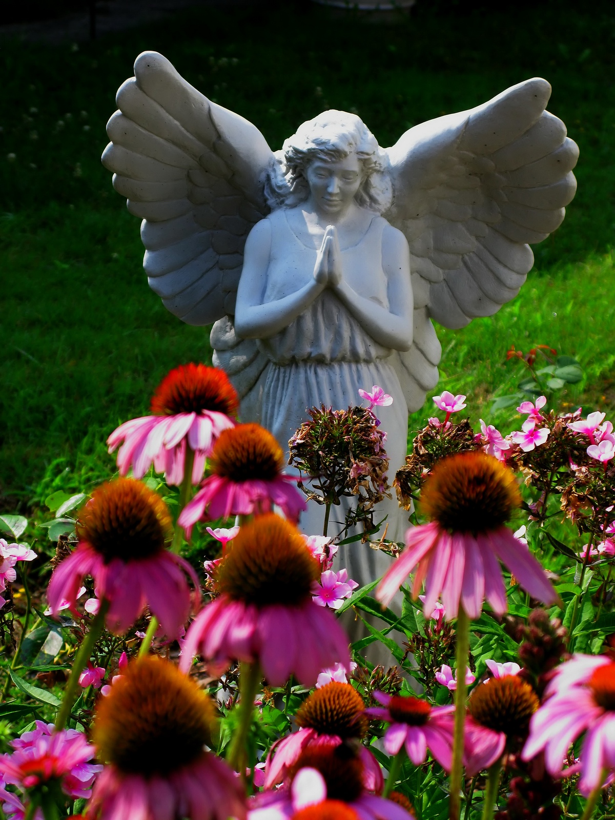 This angel offers thanks to the pink flowers and there healing colors.